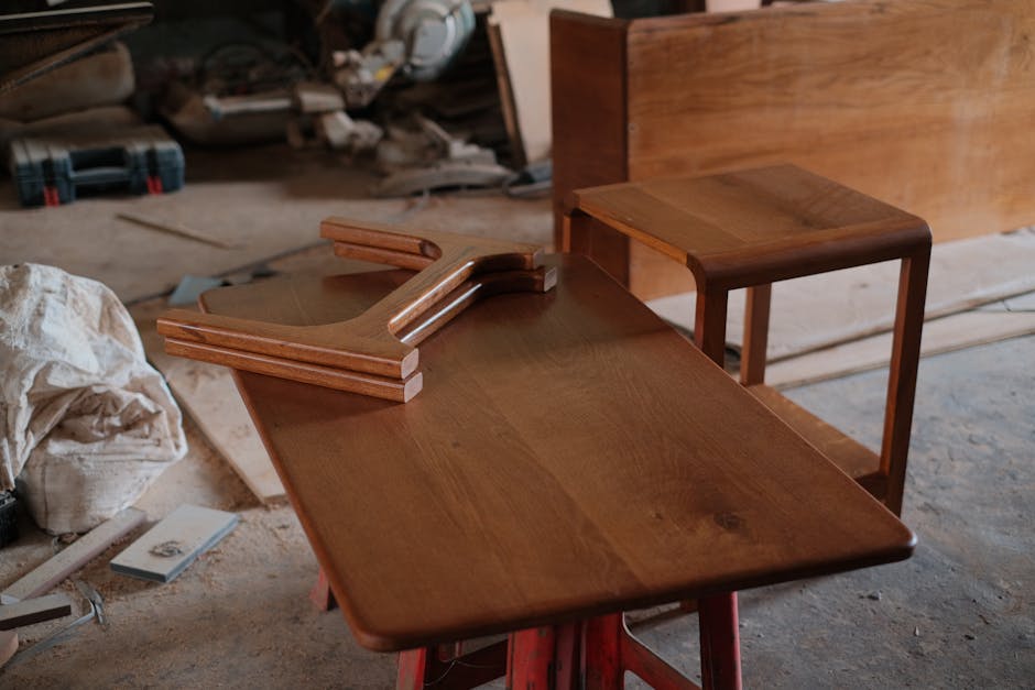 Wooden furniture pieces on a workshop table, demonstrating craftsmanship.