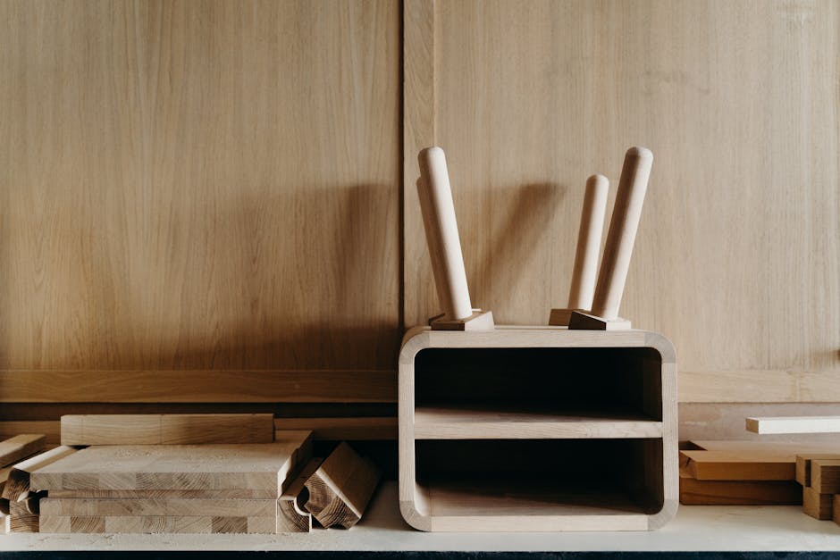 Close-up of wooden tools and planks showcasing carpentry finesse and craftsmanship.